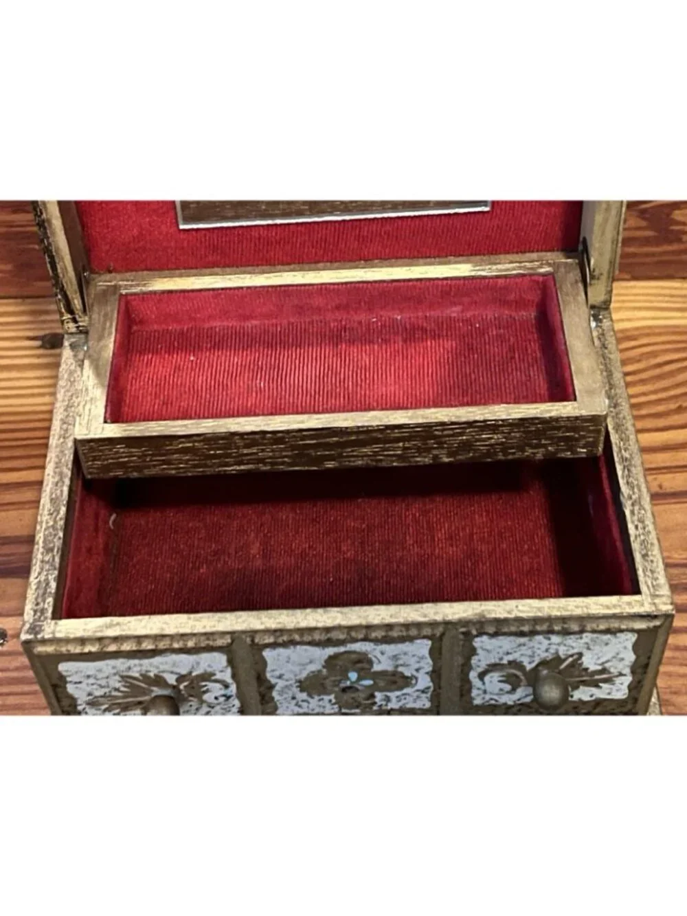 Vintage Florentine Wood Jewelry Box Distressed Needs Knob Fixer As Is 9”x6”